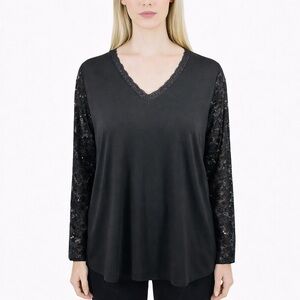 Susan Graver Black Tunic Shirt Sheer Lace Sleeves Romantic Boho Slinky Size 1X